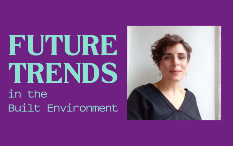 Image of woman with short brown hair and navy shirt on purple background. Teal text that reads: Future Trends in the  Built Environment