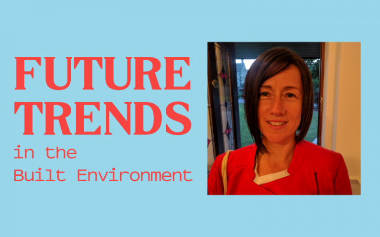 Image of woman with shoulder length brown straight hair, wearing a red blazer and standing in front of an open, stain glass window door on a light blue background with red text that reads: Future Trends in the Built Environment