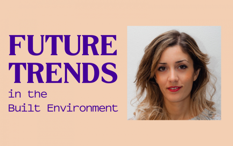 Image of woman with long brown hair with blonde highlights and red lipstick on a peach background. Dark purple text that reads: Future Trends in the Built Environment
