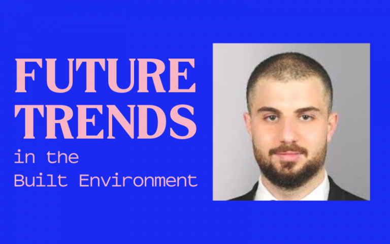 Man with short dark hair and beard wearing a suit and tie on a royal blue background with text that reads: Future Trends in the Built Environment