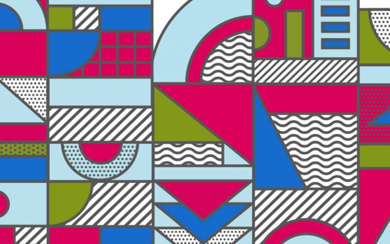 Bright graphic geometric pattern in blue green and pink.