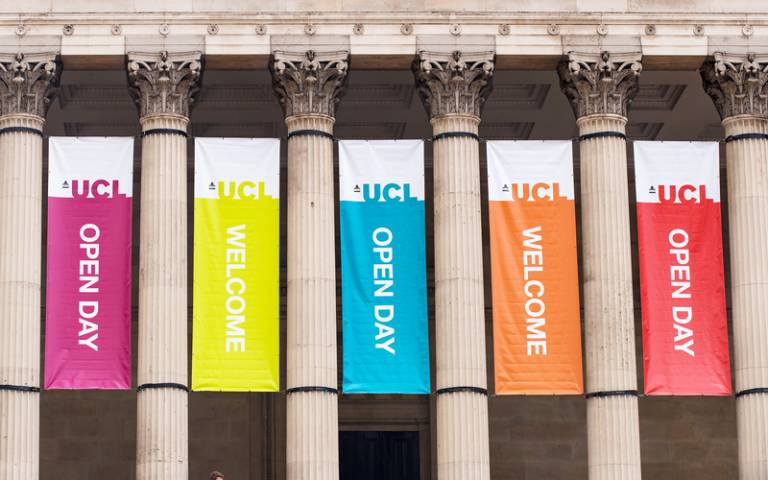Open Day banners in UCL's main quad