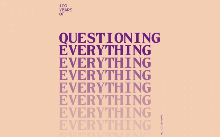 Pink background with purple text on top reading: "100 Years of Questioning Everything"