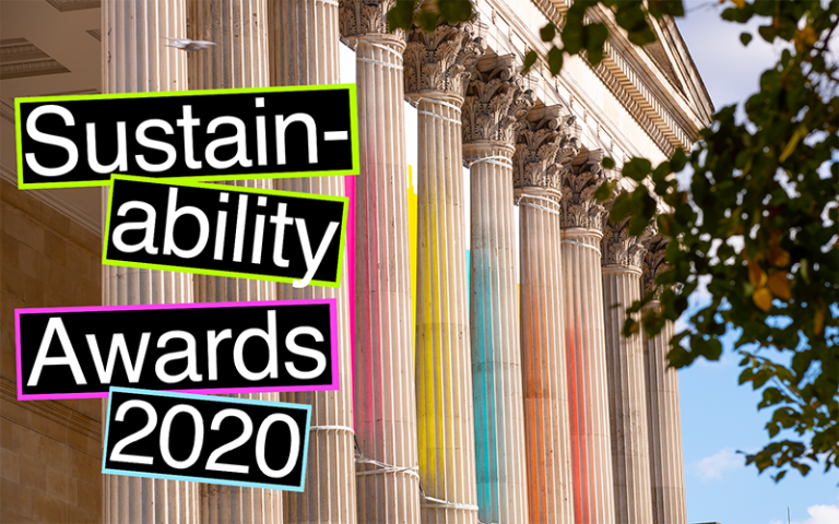UCL Portico columns with colourful text overlay reading: Sustainability Awards 2020