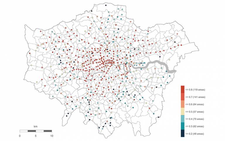 The metric of urban vitality calculated for an average working day in London: blue represents areas with the lowest level of vitality whereas red shows areas with the highest vitality.
