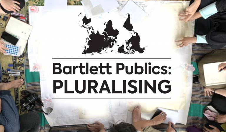 text reading bartlett publics pluralising on sheet, surrounded by people sitting on floor (mostly out of shot). Link to events page for series