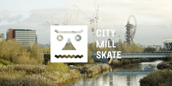 image of river, text reading: City Mill Skate, logo of boat and skateboard stylised to look like face