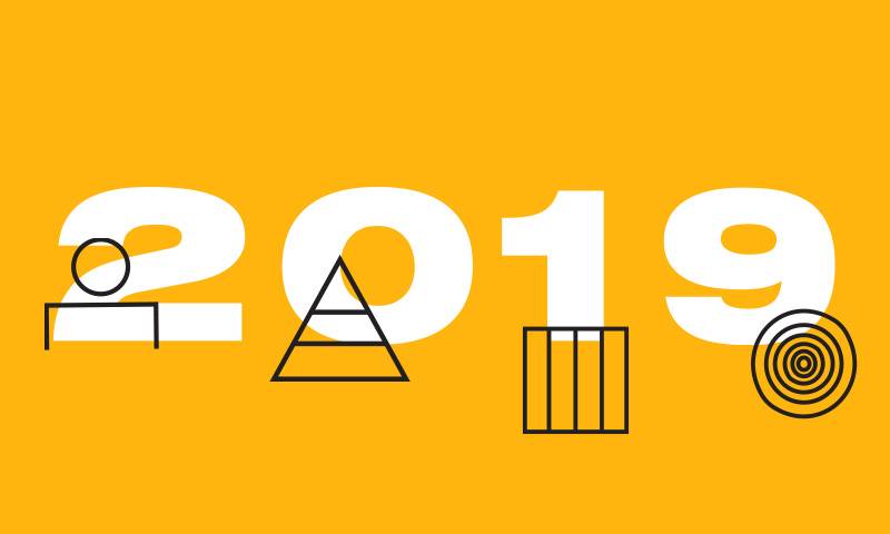 Graphically designed image with a yellow background and text reading '2019' in block capitals