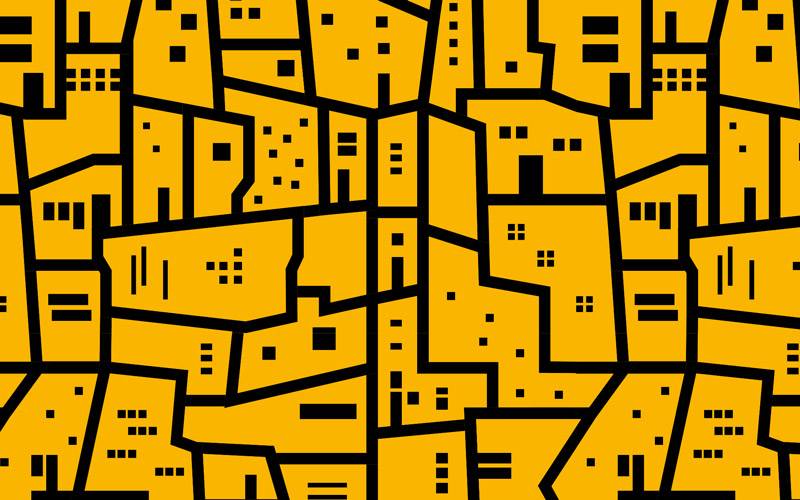Graphically designed image of buildings with black lines and bold yellow background