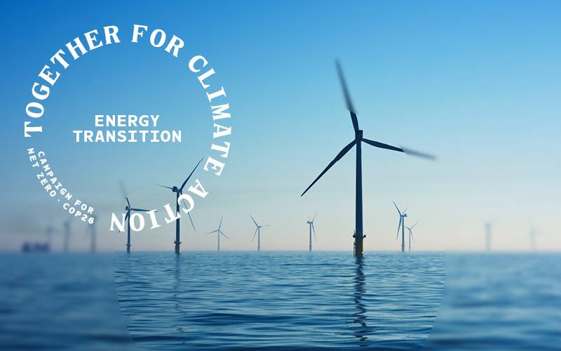 Windmills at sea with energy transition logo