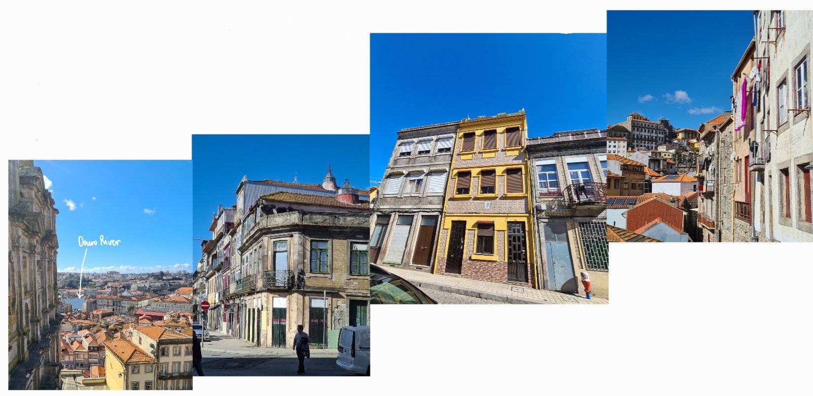 composite of old streets and buildings in sunny city, one with text reading 'River Douro' and arrow pointing to river running through city