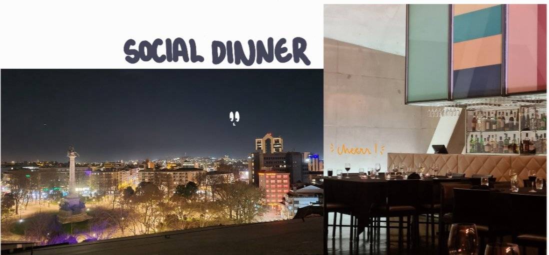 composite image with text 'social dinner', showing modern restaurant and city at nighttime