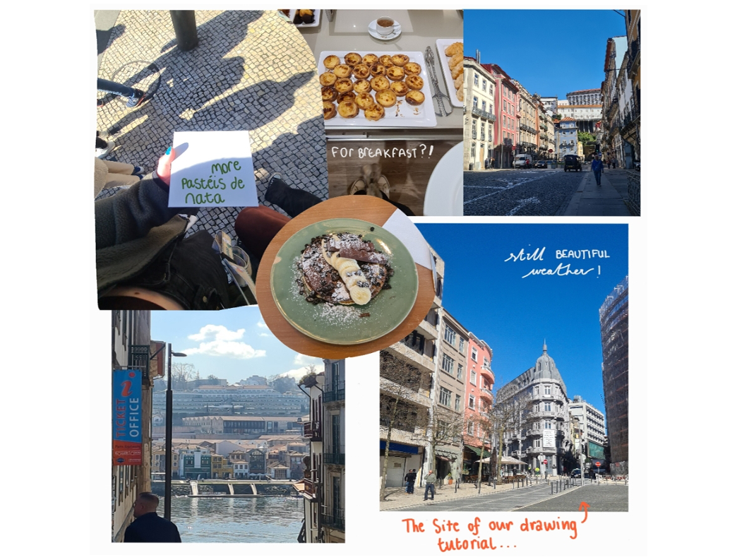 composite image: hand holding sign reading 'more pasteis de nata', image of tray of pasteis de nata with text 'for breakfast?', sunny streets views with text 'still beautiful weather', and river view