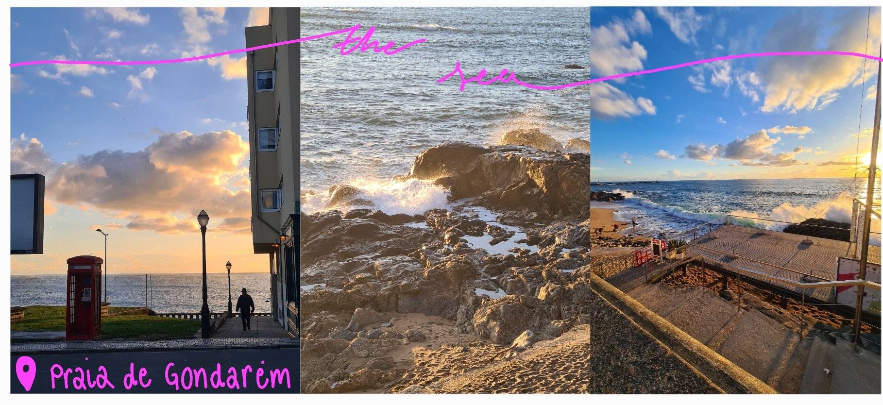 composite image of beach views at sunset with heading 'the sea' and google maps-like symbol reading 'praia de gondarem'