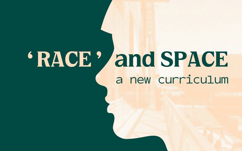 Side profile of a human face with the words "Race and space, a new curriculum" written over the top