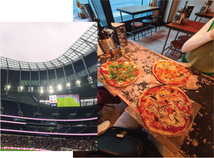 composite image of football stadium and pizzas
