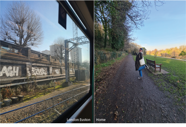 composite image, train tracks leaving London, and author posing for picture in park with lots of trees