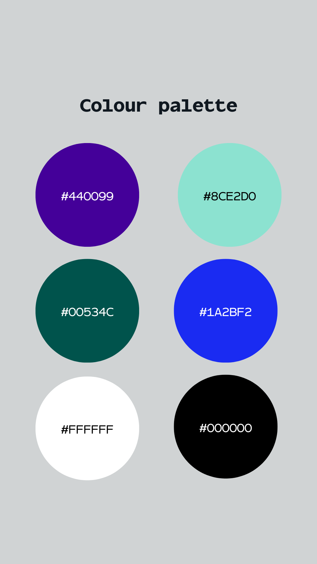 Colour palette  #440099 HEX #8CE2D0 HEX #00534C HEX #1A2BF2 HEX #FFFFFF HEX #000000