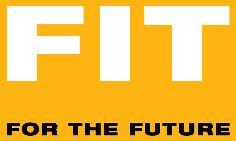 Graphically designed image with a yellow background and text reading 'fit for the future' in block capitals