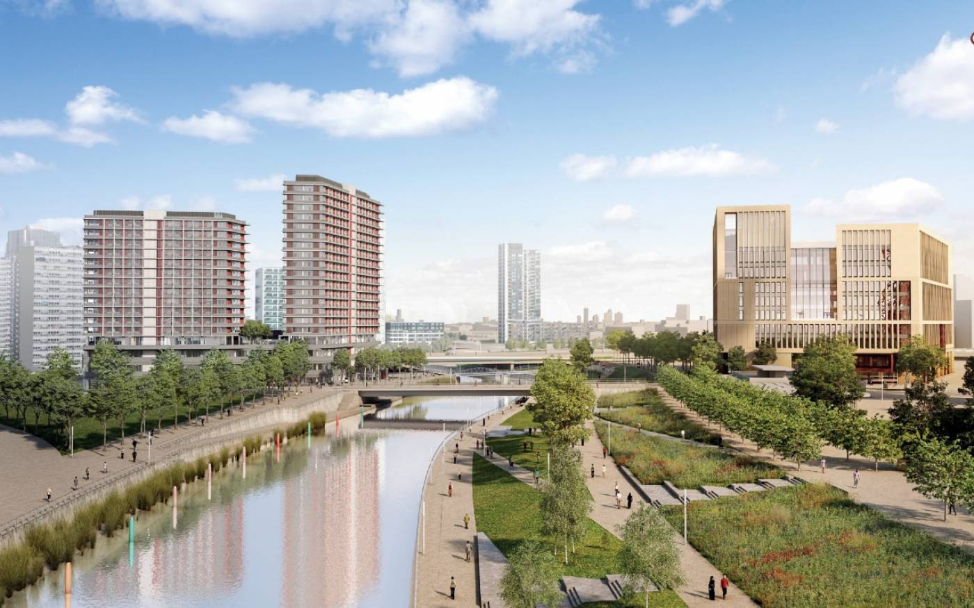 artist's impression of UCL East, tall buildings around a canal