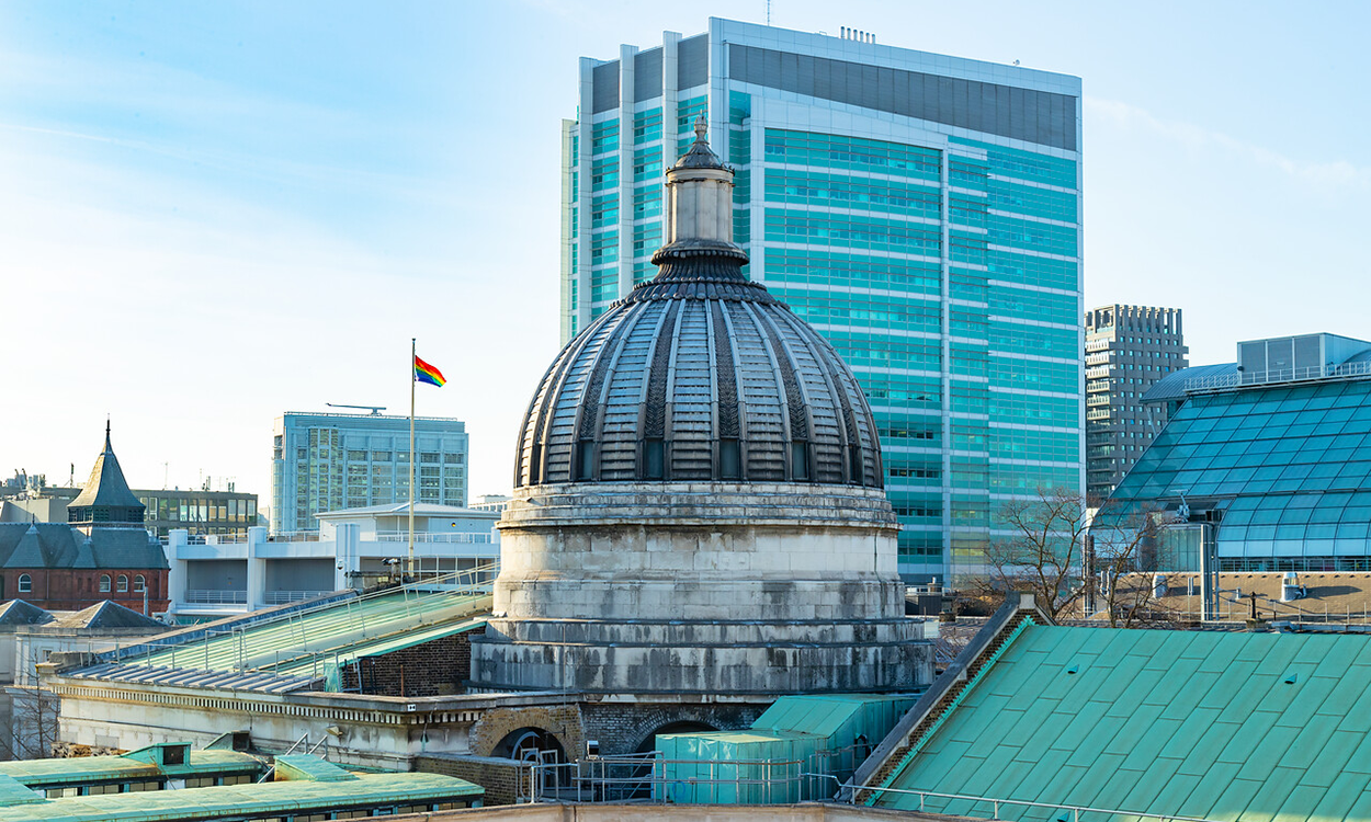 view of tall hospital building in background, with UCL dome in foreground
