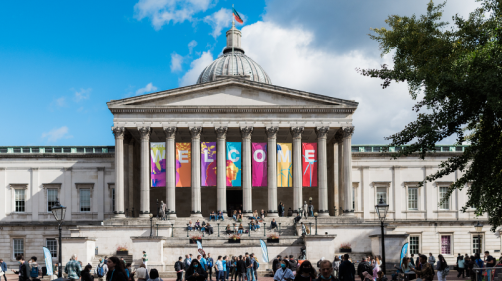 UCL portico with welcome banner