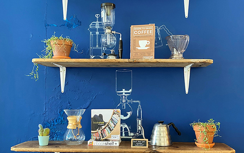 Shelves with coffee paraphernalia on