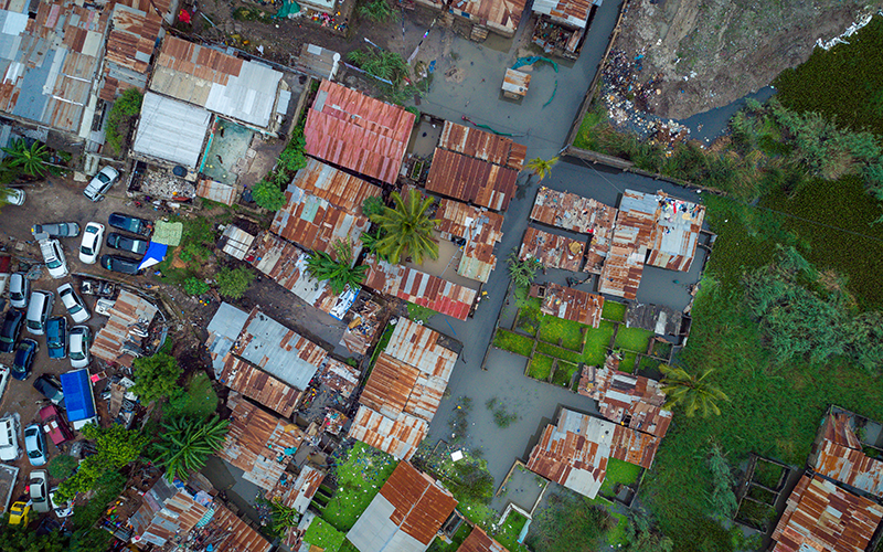 Birdseye view of cars and houses