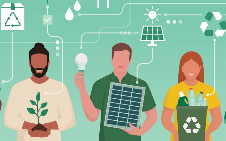 Illustration of three students surrounded by sustainability imagery