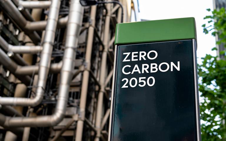A sign reading "Net Zero 2050"