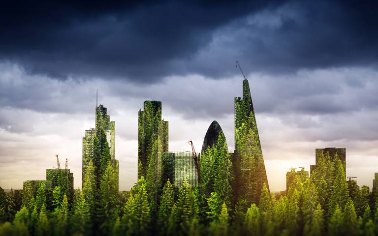 London cityscape with green leaf overlay