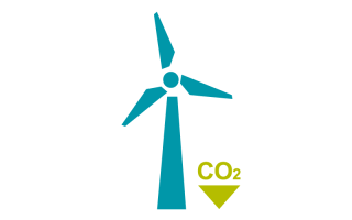 Blue wind turbine with green CO2 downward arrow 