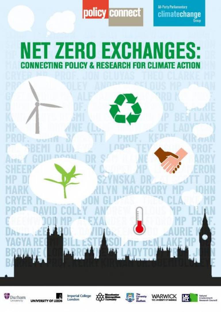 Cover of the Net Zero Exchanges essay collection. Text reads: Net Zero Exchanges: Connecting policy and research for climate action. The cover depicts speech bubbles containing a wind turbine, sprouting plant, recycling logo, holding hands and thermometer