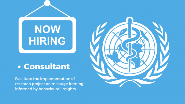 World Health Organization symbol aside a Hiring sign and description of the position