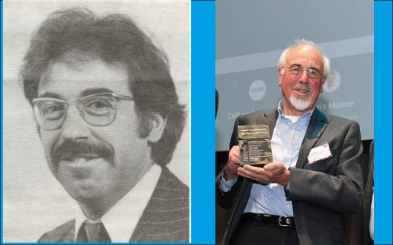 Pictured on leaving In 1980 and receiving Peter Dunnill Award 2018