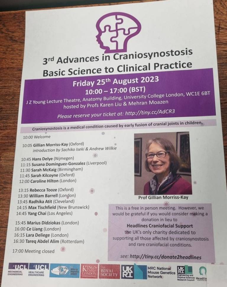 Photo of poster advertising seminar on Craniosynostosis - Basic Science to Clinical Practice - to be held at UCL, London on Friday 25th August, 10am-5pm