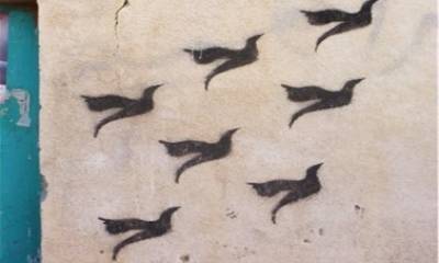 Stencilled image of birds on wall of refugee camp
