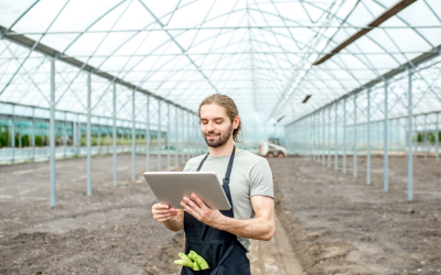man in greenhouse with tablet