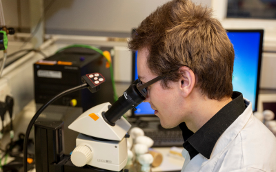 man examining item under microscope