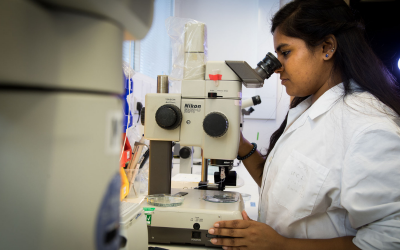 woman at microscope in lab