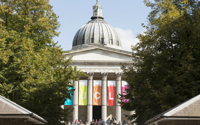 ucl portico columns with colourful banners 
