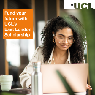 UCL East London Scholarship. A student is sitting looking at a laptop.