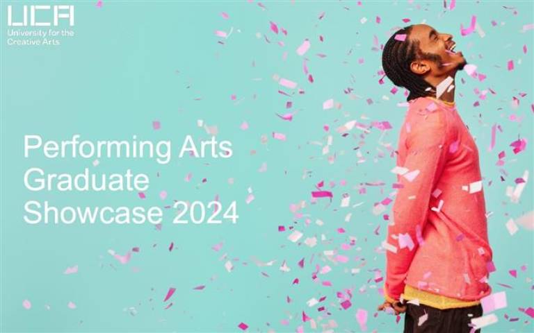 University of the Creative Arts logo on turquoise background. Performing Arts Graduate Showcase 2024. Man standing in profile with big smile on his upturned face