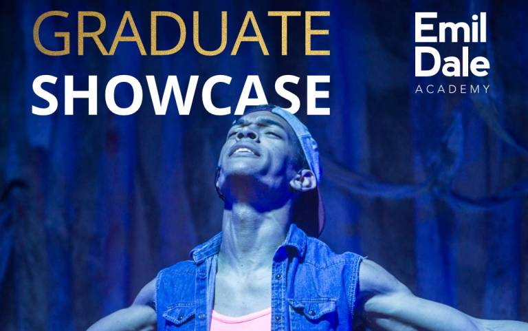 Emil Dance Graduate Showcase. Performer with face turned upwards and arms outstretched