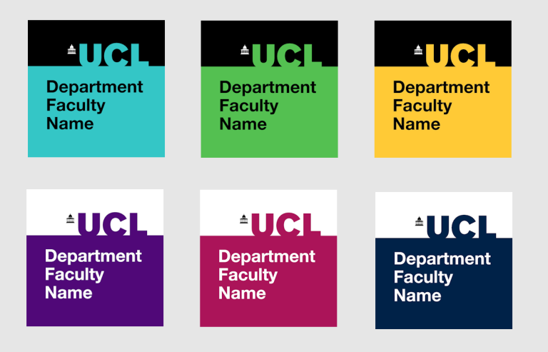 A collection of UCL social media icons showing the six colour options
