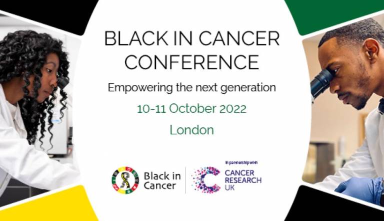 Two scientists picured in the lab with one looking down a microscope. Text: Black in Cancer Conference 10-11 October 2022