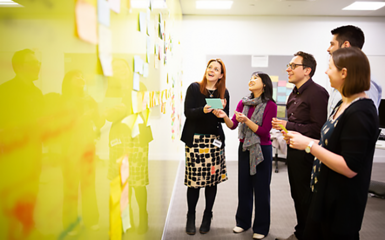 A group of 5 people using post-it notes to plan a project