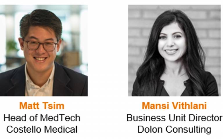 Portraits of Head of MedTech at Costello Medical, Matt Tsim and Business Unit Director at Dolon Consulting, Mansi Vithlani.