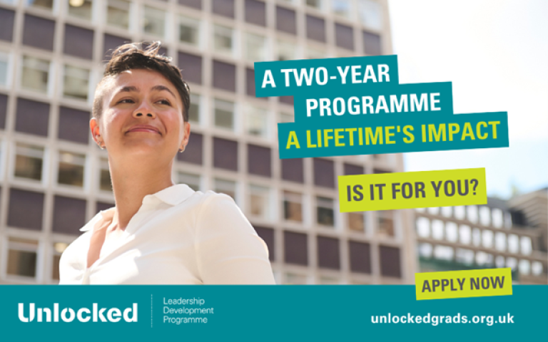 A graphic featuring Unlocked employee Siobhan and text that reads: "A two-year programme, a lifetime's impact: Is it for you?"
