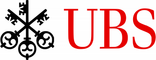Logo for UBS. It features "UBS" in red letters and 3 black keys alongside the text.